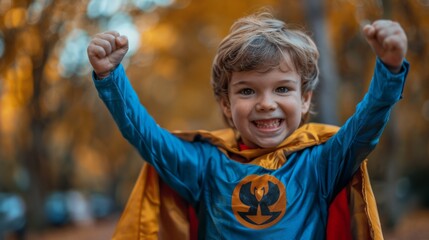 Child in a super hero costume. Hood and cloak colored suit, has superpowers, masquerade, joy and happiness on the face - obrazy, fototapety, plakaty
