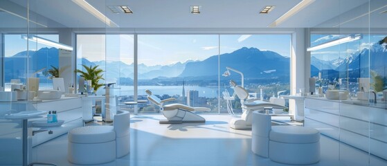 This dental office showcases a sleek, modern design with pristine equipment and offers breathtaking scenic views, ensuring a tranquil patient experience. - obrazy, fototapety, plakaty