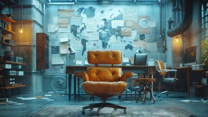 A seat in a creative workspace embellished with sketches and business blueprints.
