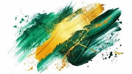Artistic paint smears with golden glitter. Abstract dynamic green gold brush strokes isolated on white background. Colorful ink. - obrazy, fototapety, plakaty