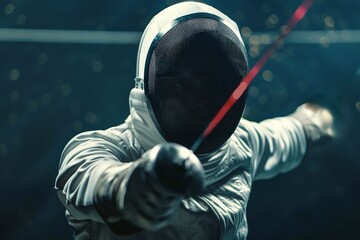 Fencer in helmet and mask ready to attack on dark background.