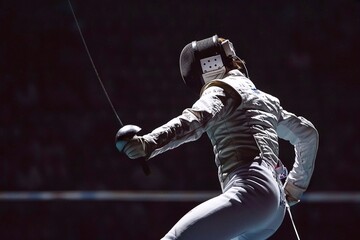 A man in a white fencing suit and a black fencing mask stands with a sword while sparring on the platform.