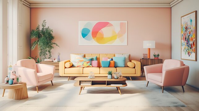 modern living room with sofa. painting in the background. 