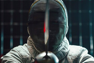 Portrait of a male fencer in a protective mask with a sword.