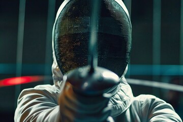 Fencer in the mask with a sword in his hands close-up