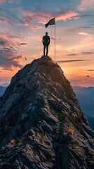 A person stands victorious on a craggy peak against a backdrop of a breathtaking twilight sky, a flag waving as a symbol of success.
