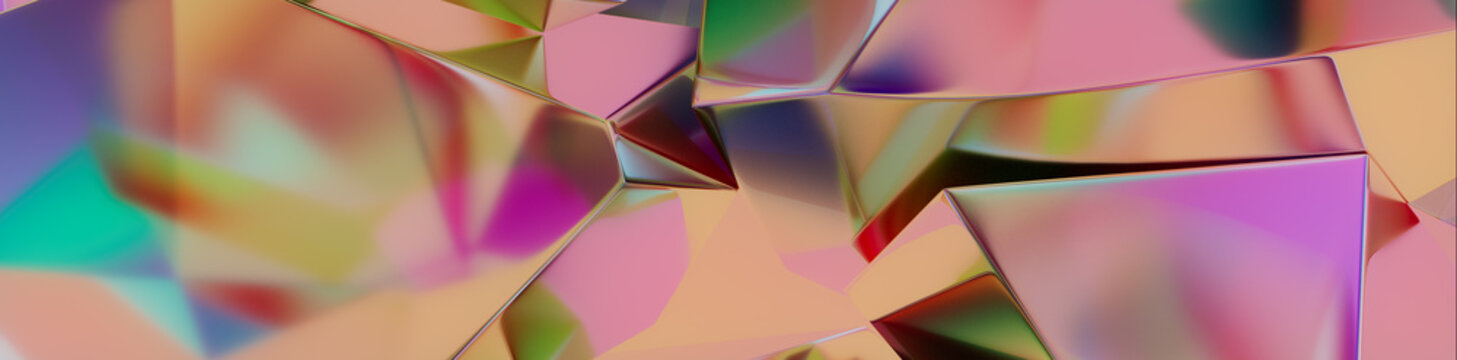 Crystal Pieces with Vibrant Multicolored hues create a Glossy Tech Banner. Futuristic 3D Render.