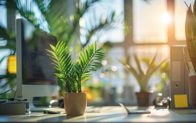 An office space filled with lush greenery and a modern desktop computer, epitomizing a blend of technology with plant life for a balanced workspace.