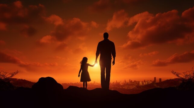 Silhouette of a father with his daughter on a sunset background. Happy Father's Day Concept