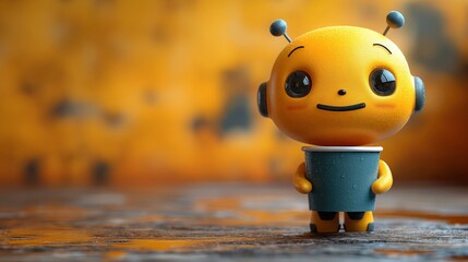 Cute retro robot waving hello on orange background