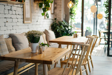 Fototapeta na wymiar Photo of a cozy, bright cafe in a modern minimalist style, with indoor plants and flowers, with a simple and functional interior. The cafe is decorated in light colors using natural materials