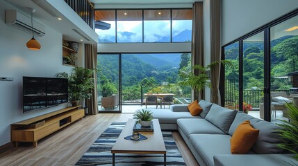 Modern living room interior with mountain view