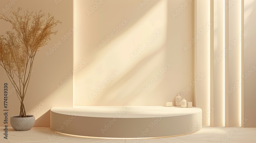 Poster render of a 3d scene with an abstract beige background and a podium for displaying products.