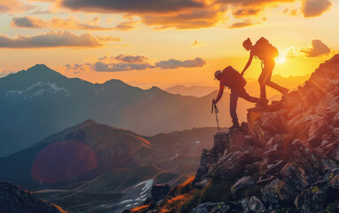 Fototapeta premium Two hikers silhouetted against a breathtaking sunset backdrop, scaling the rugged terrain of a snow-capped mountain range.