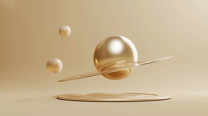 This is a 3D render of an abstract beige futuristic background with levitating golden balls. It is a clean style modern minimal concept with levitating objects.