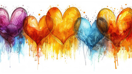 En un fondo blanco, varios corazones dibujados con lápices de colores y con una textura de garabato varios corazones emparejados, algunos entrelazados con mucho espacio en blanco - obrazy, fototapety, plakaty