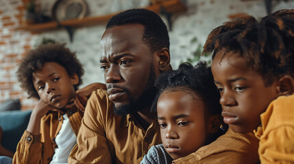 A black African father and his three children hug, the depression of a bad day is soothed by the family - obrazy, fototapety, plakaty