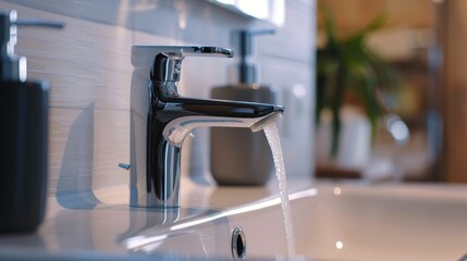 Close-up of a modern, high-quality sink faucet in a bathroom, showcasing inspired design ideas for a sleek, functional space