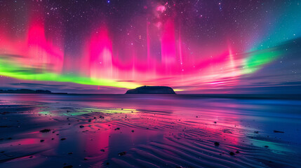 view of the Aurora Borealis over a tranquil beach setting. The sky is ablaze with a spectrum of colors, including pink, purple, and green. Stars twinkle in the backdrop, while the aurora’s reflection  - obrazy, fototapety, plakaty