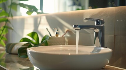 Close-up of a high-quality mixer tap in a sleek bathroom, embodying inspired design ideas for an ideal modern sink faucet - obrazy, fototapety, plakaty