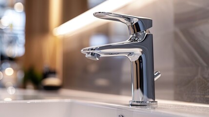 Close-up of a high-quality chrome monobloc tap in a modern bathroom, showcasing the sleek design and inspired functionality