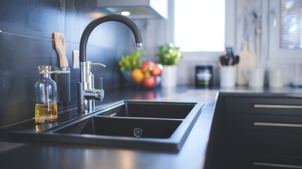 A modern, minimalist kitchen featuring an ideal, high-quality faucet tap design with 3 holes, emphasizing simplicity and elegance - obrazy, fototapety, plakaty