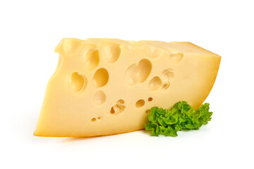 Emmental cheese, Swiss cheese, isolated on white background. High resolution image