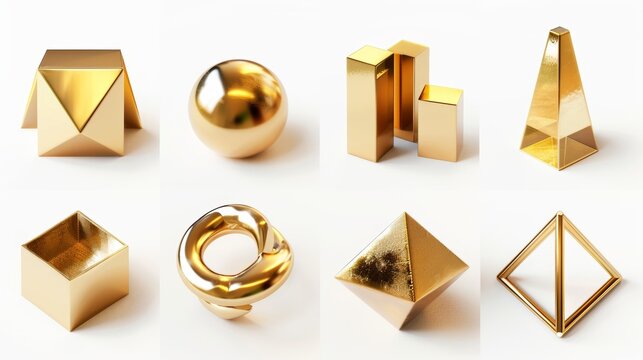 Icons set isolated on white background from different geometric golden shapes. 3D rendering.