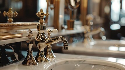 Fototapeta na wymiar A detailed close-up of an exquisite, vintage faucet tap in a luxurious bathroom, reflecting ideal high-quality craftsmanship