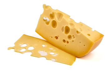Emmental cheese, Swiss cheese, isolated on white background. High resolution image