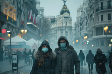 Personas caminando por la ciudad con mascarillas faciales - obrazy, fototapety, plakaty