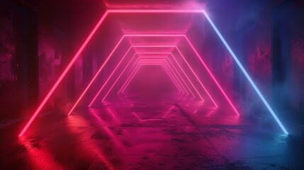 3D rendering of abstract neon background with ascending pink, blue, and red glowing lines. Excellent wallpaper with laser beams at different angles.