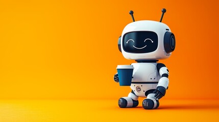 A cute smiling white robot with black eyes holding coffee cup, standing on orange background. AI technology concept