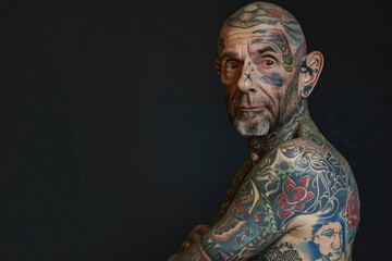 Hombre de mediana edad alternativo con tatuajes por todo el cuerpo y la cara - obrazy, fototapety, plakaty