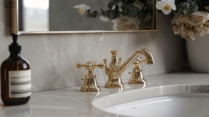 An inspired setting featuring high-quality 3 hole basin taps in vintage gold, a testament to classic design in modern luxury bathrooms