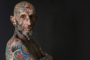 Hombre de mediana edad alternativo con tatuajes por todo el cuerpo y la cara - obrazy, fototapety, plakaty
