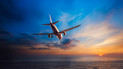Concept of travel and freedom with a plane against a summer sky. - obrazy, fototapety, plakaty