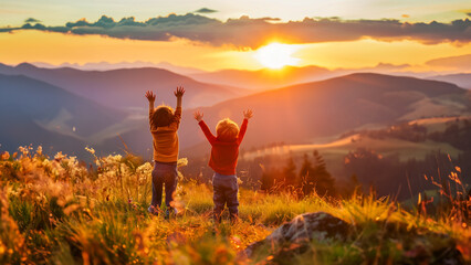 Moment of wonder as kids gaze at the breaking dawn in the heart of nature.