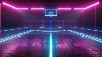 3D render, neon basketball field scheme, virtual sport playground, sportive game, pink blue glowing line isolated on black. - obrazy, fototapety, plakaty