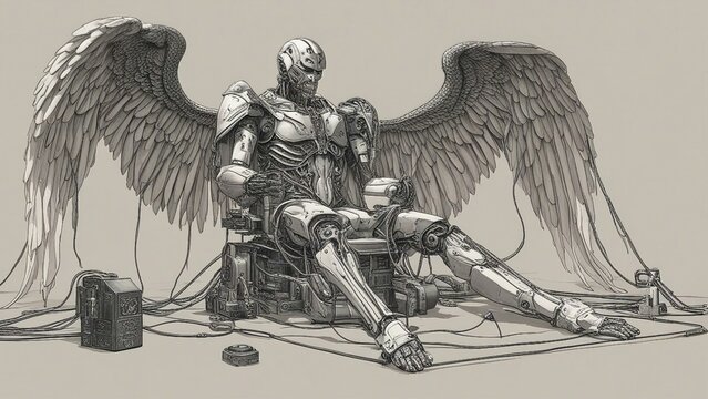 half angel half robot with flesh falling off showing robot underneath,         A biomechanical angel