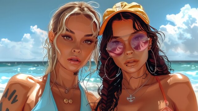 A hyper-realistic image of  two tattooed girls at the beach, using a 90s cartoon sketch style
