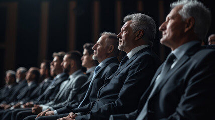 Unified Focus: Business Leaders at a Seminar. Row of professionals in suits attentively observing a conference presentation, embodying corporate focus and unity. - obrazy, fototapety, plakaty