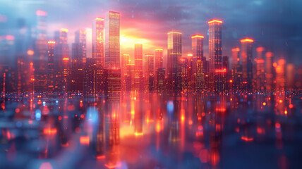 Fototapeta premium Twilight Glow on Futuristic Cityscape. Dusk descends on a city of light, where digital dreams meet architectural ambition under a twilight sky.