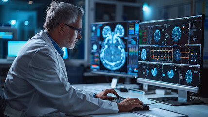 Focused Researcher Analyzing Advanced Medical Imagery. An experienced scientist engages in medical research, scrutinizing cutting-edge brain imagery on a high-tech digital workstation. - obrazy, fototapety, plakaty