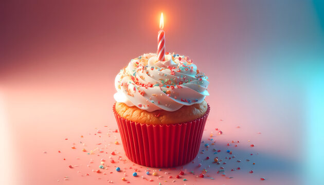 A charming and festive cupcake with a single burning candle. The cupcake sits in the center of the image, in a vibrant red paper cup