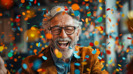 Jovial Elderly Man in a Confetti Shower. An exuberant elderly man with glasses laughing amidst a vibrant shower of confetti. - obrazy, fototapety, plakaty