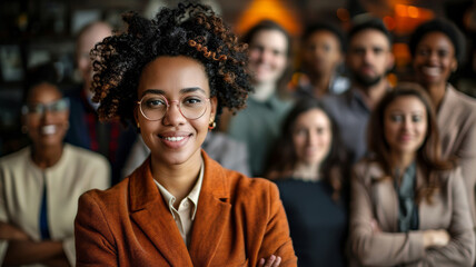 Dynamic Young Entrepreneur with Team. A vibrant young businesswoman with curly hair and glasses, standing confidently with her diverse team in the background.