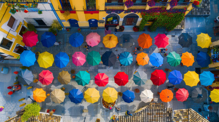 Street in Spain is covered with colorful umbrellas hanging from the sky. these vibrant umbrella art...