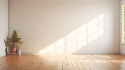 An empty room with a plant and sunlight coming in through the wi - obrazy, fototapety, plakaty
