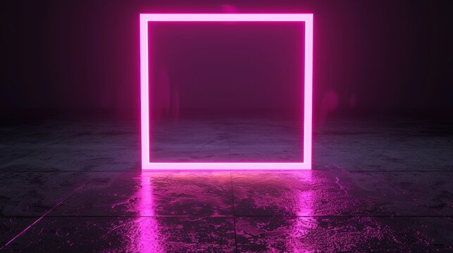 In this 3D render, neon background is abstracted, and the square shape box is blank. Pink glowing lines on black are isolated and illuminated by the ultraviolet light.
